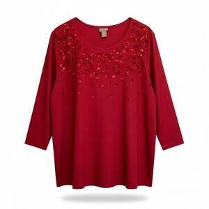 Chico's Red Round Neck Embellished Stretch Tight Knit Pullover Top Size 4(XXL)